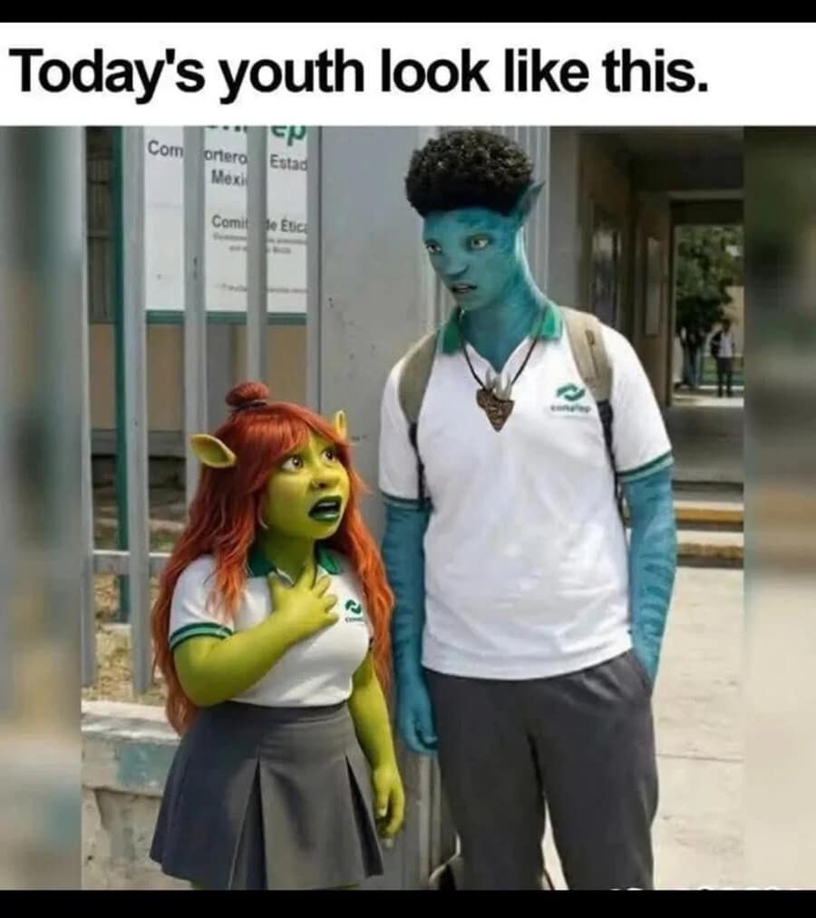 A surreal old memes entry captioned "Today's youth look like this." The image shows two students in school uniforms: a boy edited to look like a blue Na'vi from Avatar and a short girl edited to look like Princess Fiona in ogre form from Shrek.