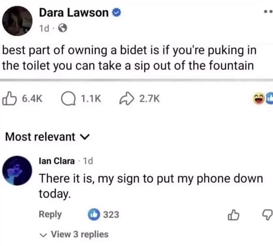 cursed classic meme featuring a Facebook post where a user claims the best part of owning a bidet is taking a sip from the "fountain" while puking, prompting a weary reply about needing to put the phone down.