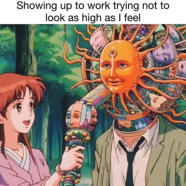 A surreal retro anime screenshot in a classic meme showing a guy with a terrifying, multi-faced glowing sun for a head, hilariously captioned as showing up to work trying not to look as high as you feel, fitting perfectly with nostalgic old memes.