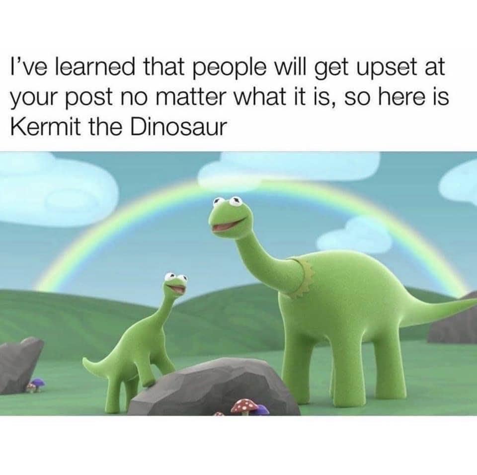 surreal old meme showing a photoshopped "Kermit the Dinosaur" as a long-necked brachiosaurus standing under a rainbow, intended to be a non-controversial post for the internet.
