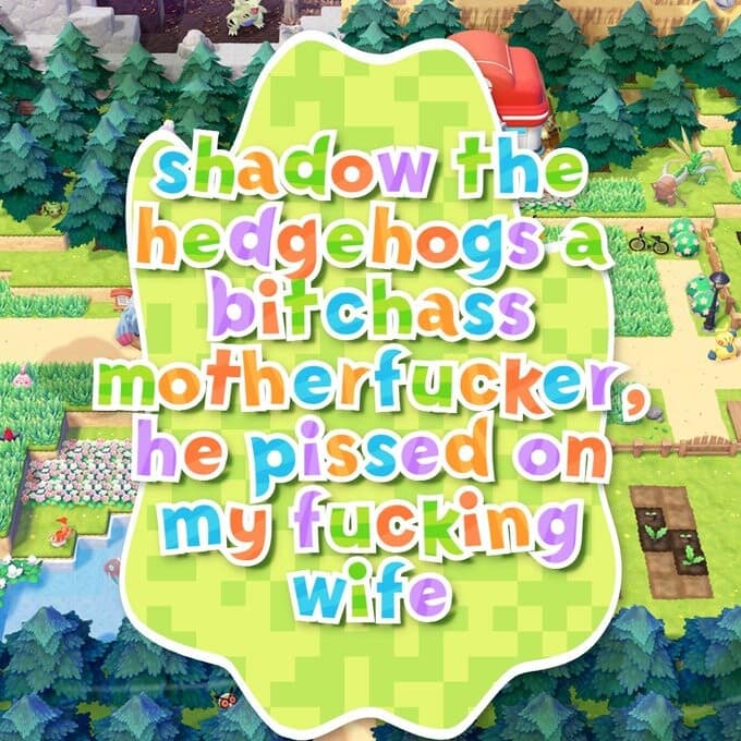 A surreal aesthetic contrast defines this classic meme, using colorful Animal Crossing-style font to deliver the iconic and aggressive "Snapcube" rant about Shadow the Hedgehog.