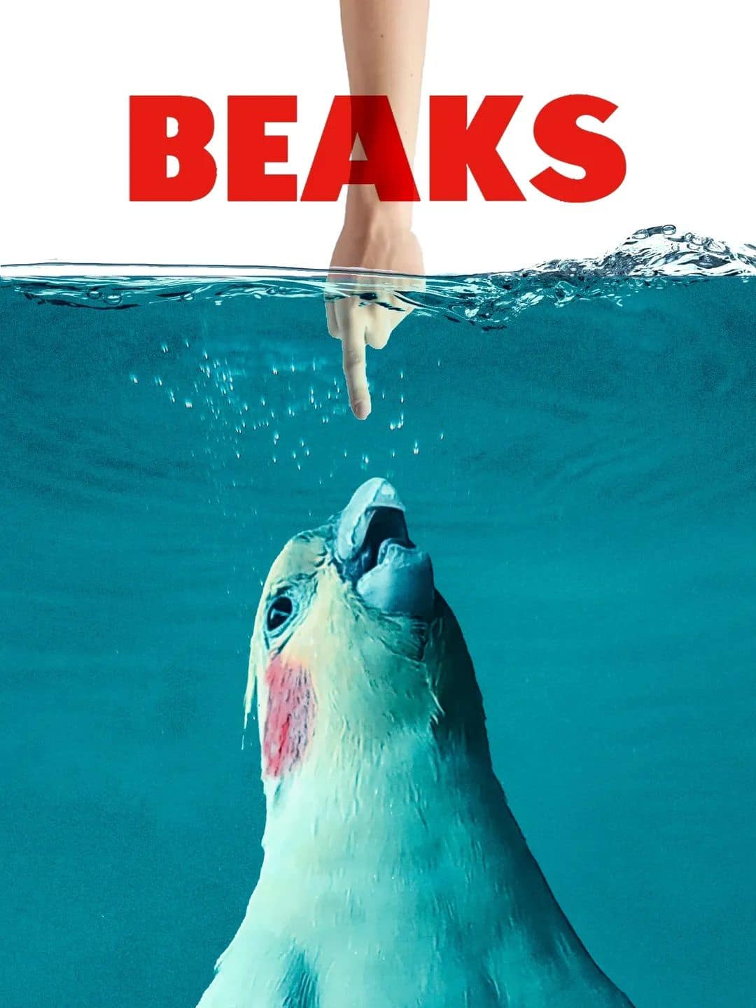 A hilarious classic meme parodying the iconic Jaws movie poster, replacing the terrifying shark with a cute, slightly derpy cockatiel rising from the deep ocean towards a pointing finger under the giant red title BEAKS, a wholesome addition to old memes.