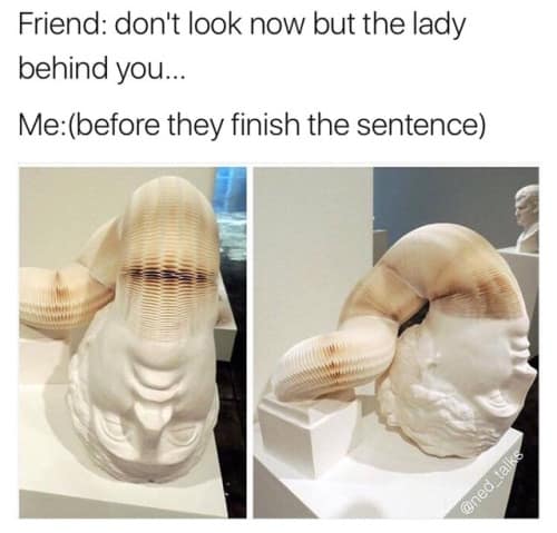 A funny classic meme showing a flexible paper sculpture of a classical bust aggressively stretching its head backwards, perfectly capturing the lack of subtlety when a friend tells you not to look behind you, ranking high among relatable old memes.