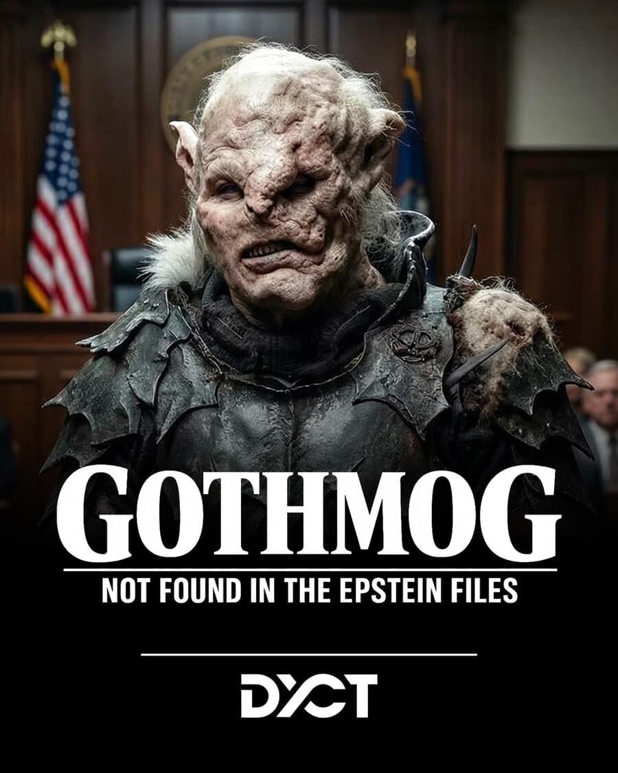 A bizarre classic meme featuring a high-definition image of Gothmog, the orc general from The Lord of the Rings. The text below him jokingly labels him as "NOT FOUND IN THE EPSTEIN FILES," mocking the public obsession with the unsealed documents.