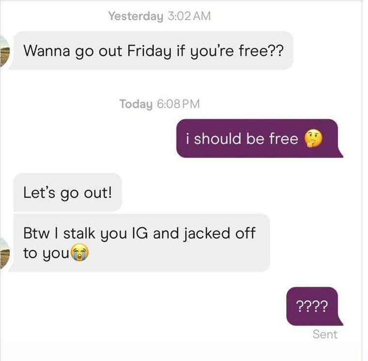 A "dating red flag" classic meme showing a horrific text interaction where a guy asks a girl out and immediately follows it up by admitting he "jacked off" to her Instagram, leading to a confused and disgusted response.