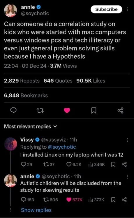 A viral classic meme tweet thread discussing tech literacy. When a user mentions installing Linux on a laptop at age 12, the original poster quips that "Autistic children will be discluded from the study for skewing results".