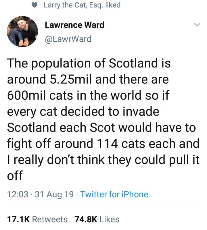 math-based classic meme tweet calculating that if the world's 600 million cats invaded Scotland, every citizen would have to fight off 114 felines, concluding that the Scottish would absolutely lose the war.