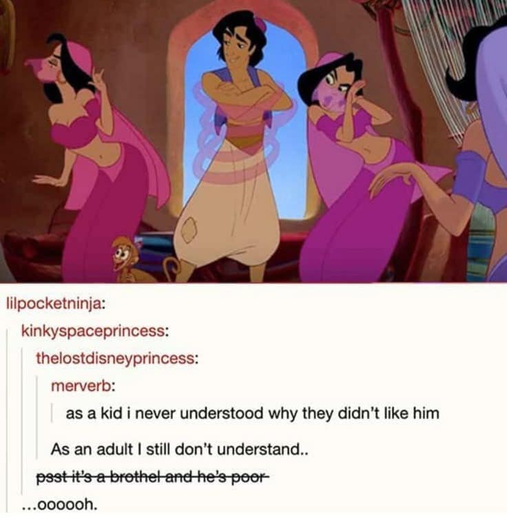 A mind-blowing classic meme from Tumblr analyzing a scene from Disney's Aladdin, revealing the childhood realization that the women rejected him not because he was weird, but because they were working in a brothel and he was totally broke, a classic trope of old memes.
