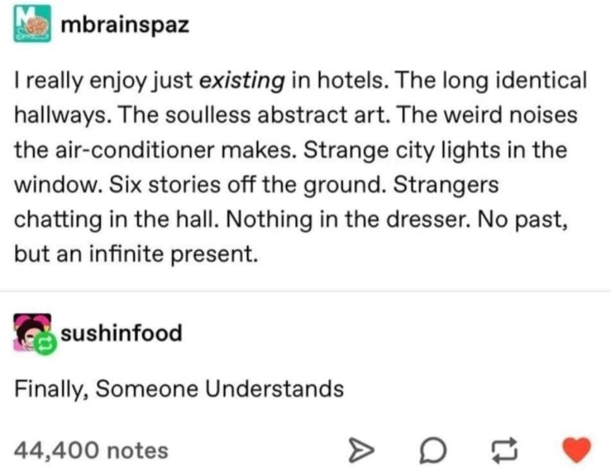 accurate travel classic meme explaining the unique peace of staying in a hotel, romantically describing the soulless art, weird air conditioning noises, and the feeling of having no past, only an infinite present.