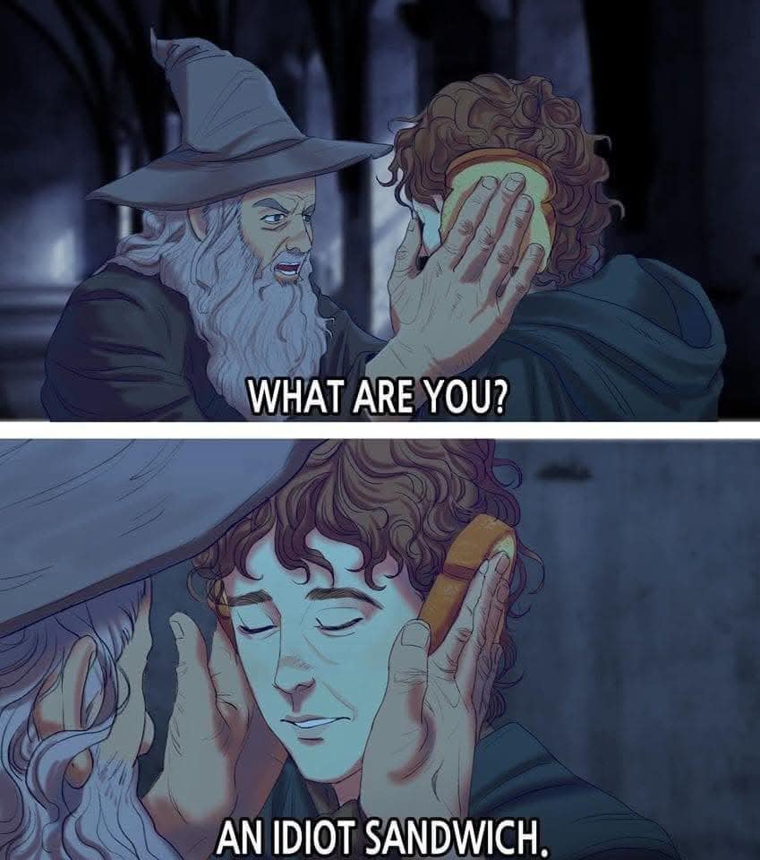 Lord of the Rings crossover old meme comic where Gandalf holds Pippin’s head between two slices of bread, recreating the Gordon Ramsay "Idiot Sandwich" moment.