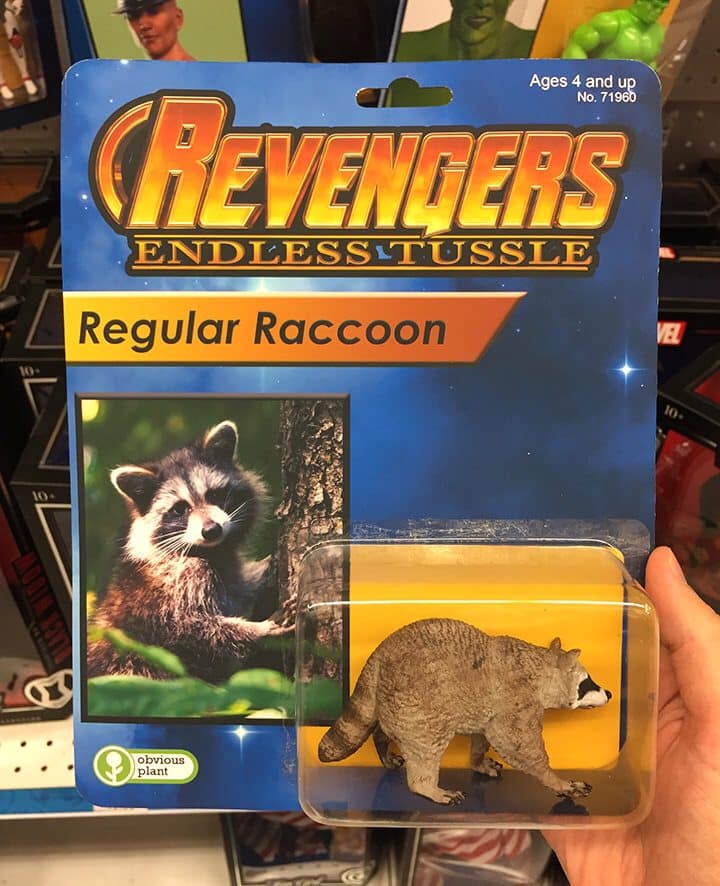 A funny classic meme featuring a fake bootleg toy called Regular Raccoon from the Revengers Endless Tussle, perfectly parodying Marvel's Rocket Raccoon in this hilarious collection of old memes.