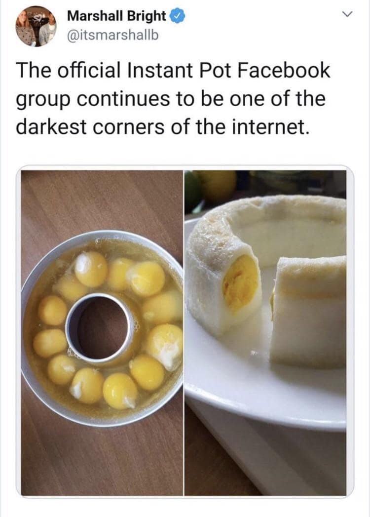 A deeply cursed classic meme exposing the dark corners of an Instant Pot Facebook group, showing a terrifying culinary failure where whole eggs are cooked into a solid, rubbery bundt cake ring, a notorious image in the hall of old memes.