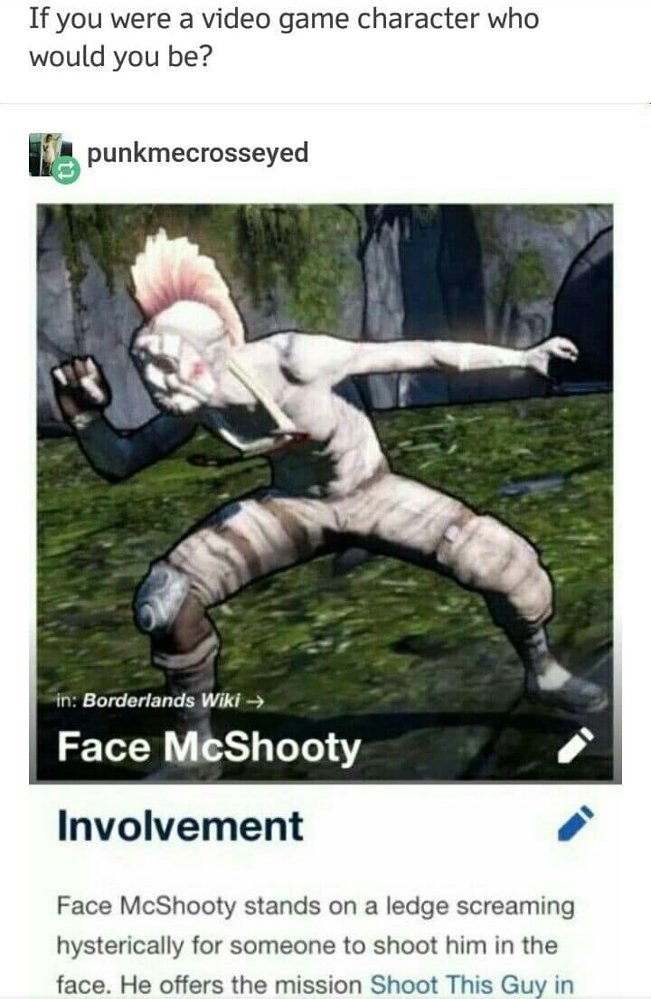 highly relatable classic meme from a Tumblr thread answering the question of which video game character you would be with the Borderlands wiki entry for Face McShooty, a staple of great gaming old memes.