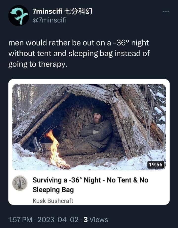 satirical classic meme featuring a YouTube thumbnail from "Kusk Bushcraft" showing a man huddling in a primitive brush shelter in the snow. The X caption above it jokes, "men would rather be out on a -36° night without tent and sleeping bag instead of going to therapy."