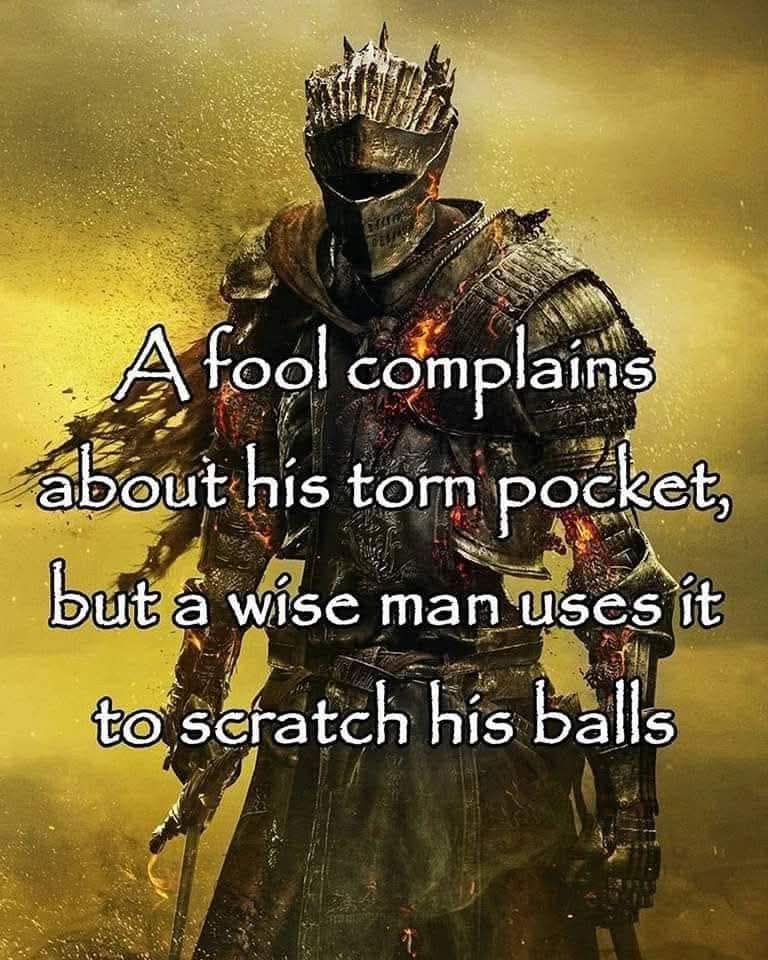 classic meme using a dark fantasy knight to deliver crude philosophical advice, stating that while a fool complains about a torn pocket, a wise man simply uses the hole to scratch himself.