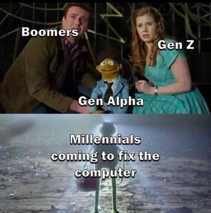 Generational tech-support energy peaks in this old meme showing Millennials as heroic figures emerging from the light to fix computers for confused Boomers, Gen Z, and Gen Alpha.