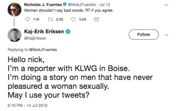 A brutal Twitter takedown classic meme where a fake reporter politely asks to use a man's sexist tweet for a news story about men who have never pleasured a woman sexually, securing its spot in the hall of fame of old memes.