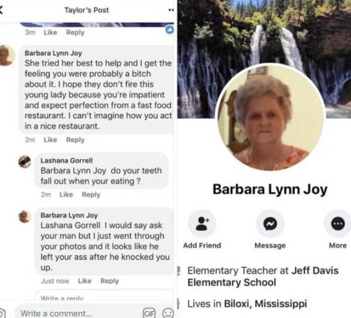 viral old meme screenshot of a Facebook argument where a sweet-looking grandmotherly elementary teacher named Barbara Lynn Joy absolutely destroys another user with a ruthless roast about their teeth and relationship.