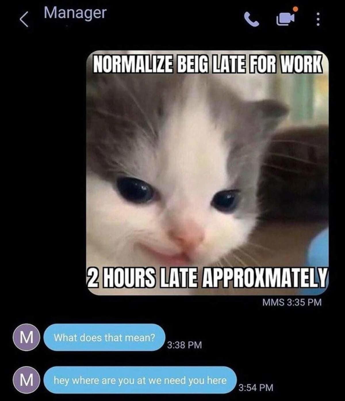chaotic workplace classic meme featuring a text conversation with a manager. The employee sends a photo of a small kitten with the text "NORMALIZE BEIG LATE FOR WORK / 2 HOURS LATE APPROXMATELY." The manager’s confused and concerned replies follow minutes later.