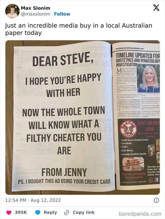 classic meme showing a massive, full-page newspaper ad from someone named Jenny publicly calling out her partner Steve as a filthy cheater, with a savage postscript adding she paid for it using his credit card.