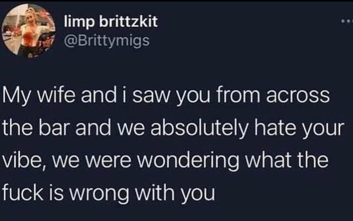 classic meme tweet where a user bluntly states that she and her wife saw someone across the bar, instantly hated their vibe, and spent the night wondering what the hell is wrong with them.