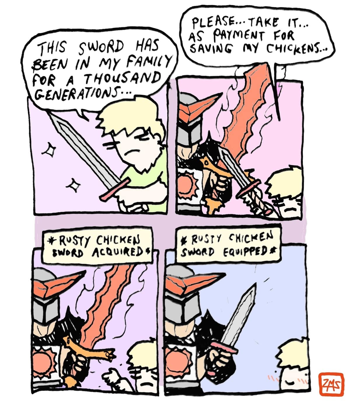 video game logic classic meme comic where an NPC offers a legendary, glowing, magical sword that has been in his family for a thousand generations, only for the player to immediately equip a rusty chicken sword instead.