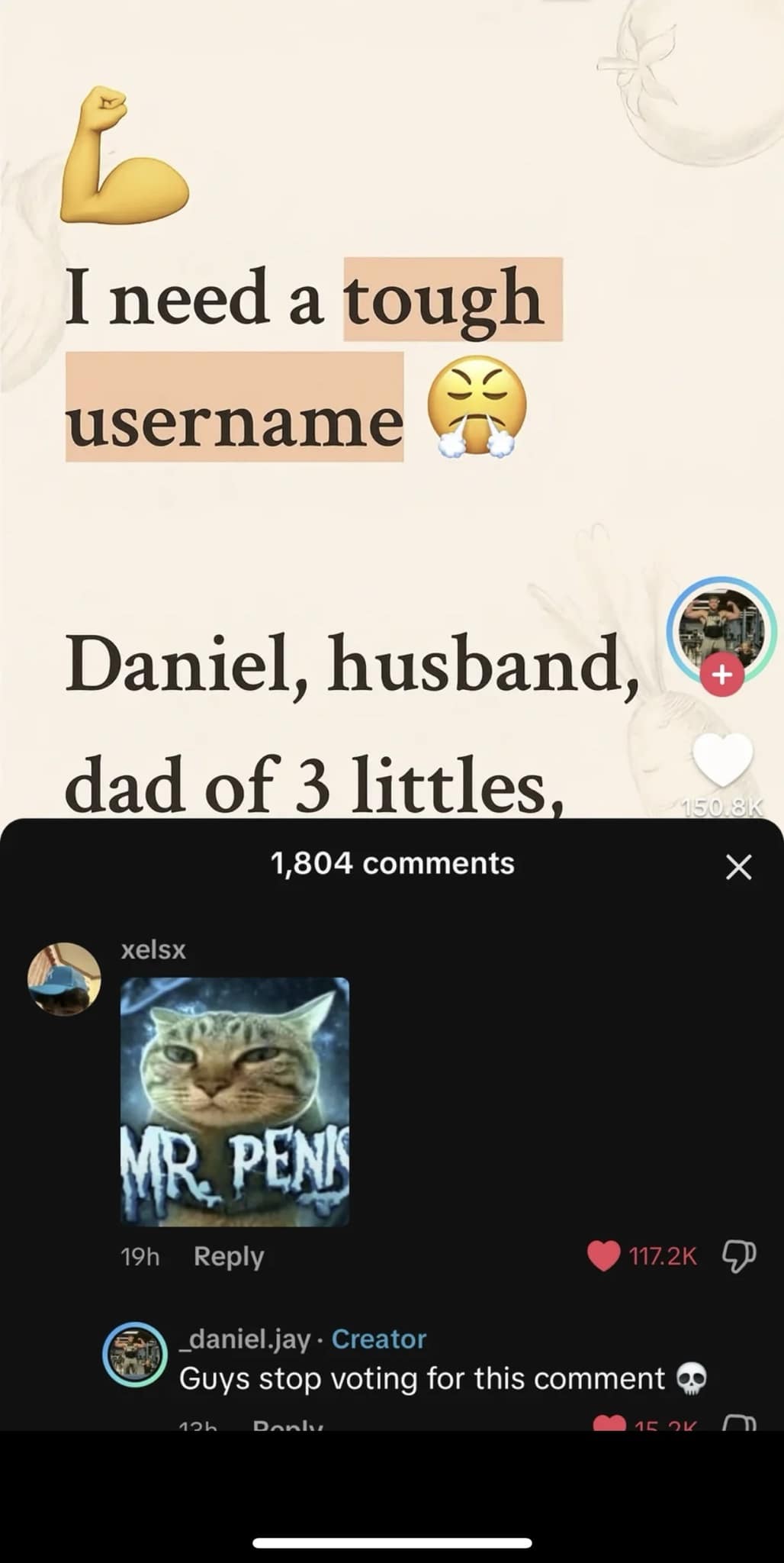 chaotic social media thread where a man asking for a "tough" username is overwhelmingly told to change it to "MR. PENIS," accompanied by a low-resolution, menacingly smug photo of a cat.