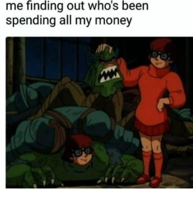 Scooby-Doo classic meme showing Velma unmasking a scary sea monster to reveal another Velma hiding underneath, perfectly representing the harsh reality of trying to find out who is secretly spending all your money.