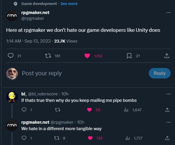 screenshot of a chaotic Twitter exchange where RPG Maker claims to treat developers better than Unity, only to clarify they express their "tangible" hate by mailing pipe bombs.