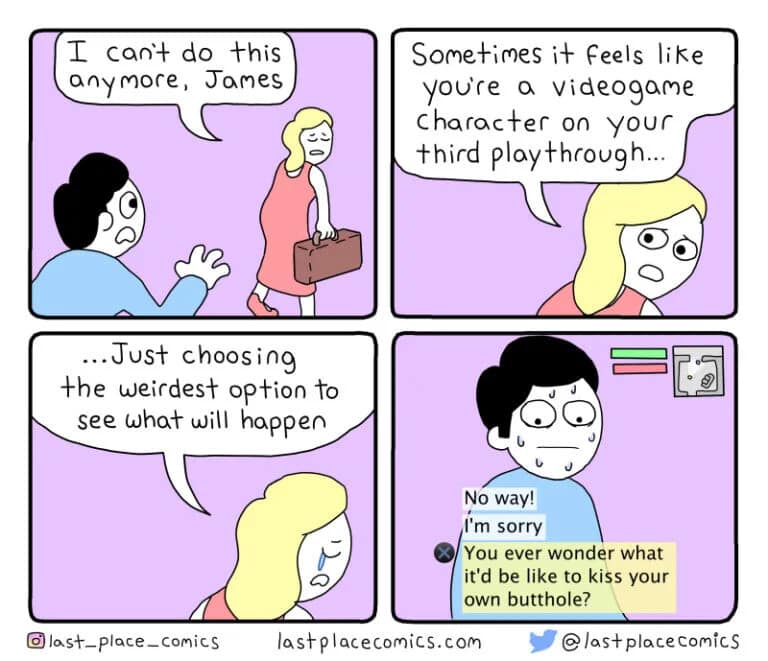 webcomic by Last Place Comics where a woman leaves her boyfriend for treating life like a "third playthrough" of a video game, while he stares blankly at a bizarre dialogue choice about his own anatomy.