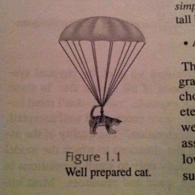 surreal and classic meme illustration from a manual titled "Figure 1.1 Well prepared cat," showing a house cat safely descending from the sky using a fully deployed parachute