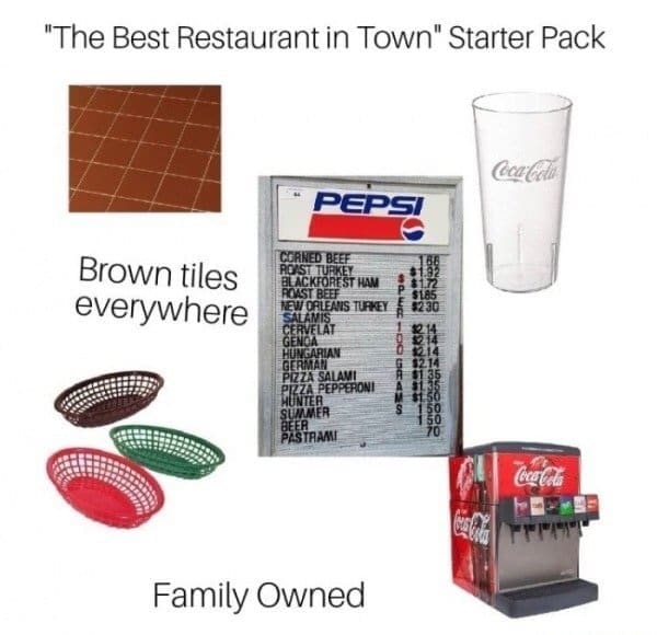 The ultimate nostalgic classic meme showing a starter pack for the best restaurant in town, featuring brown tiles, plastic oval baskets, and a retro soda fountain, perfectly capturing the aesthetic of the best memes about local family-owned food joints