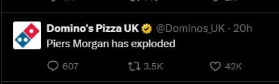 classic meme screenshot of a viral tweet from the official Domino's Pizza UK account. The post contains no context or image, simply stating the blunt and chaotic sentence: "Piers Morgan has exploded".