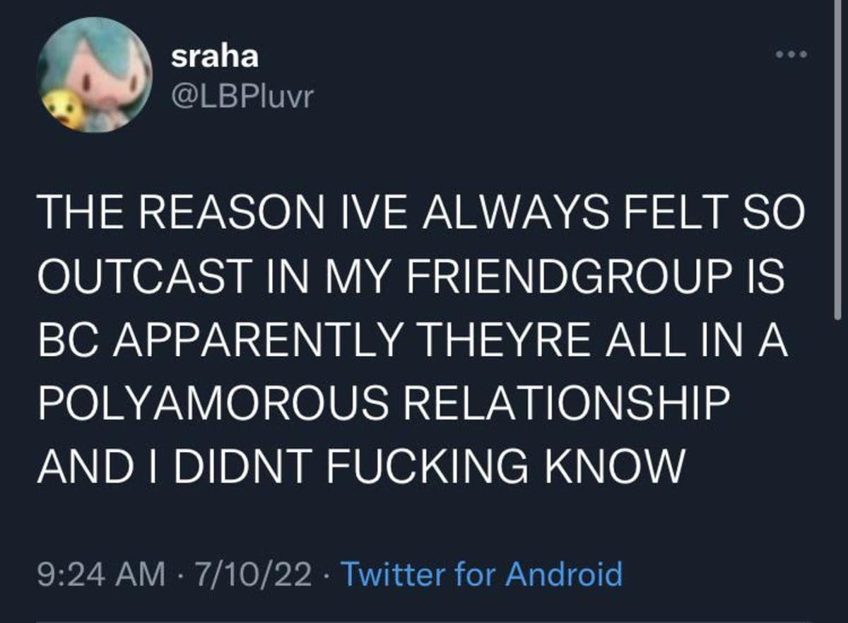 socially awkward classic meme tweet from user @LBPluvr. The all-caps text describes the crushing realization of a friend group dynamic: "THE REASON IVE ALWAYS FELT SO OUTCAST... IS BC APPARENTLY THEYRE ALL IN A POLYAMOROUS RELATIONSHIP AND I DIDNT FUCKING KNOW".