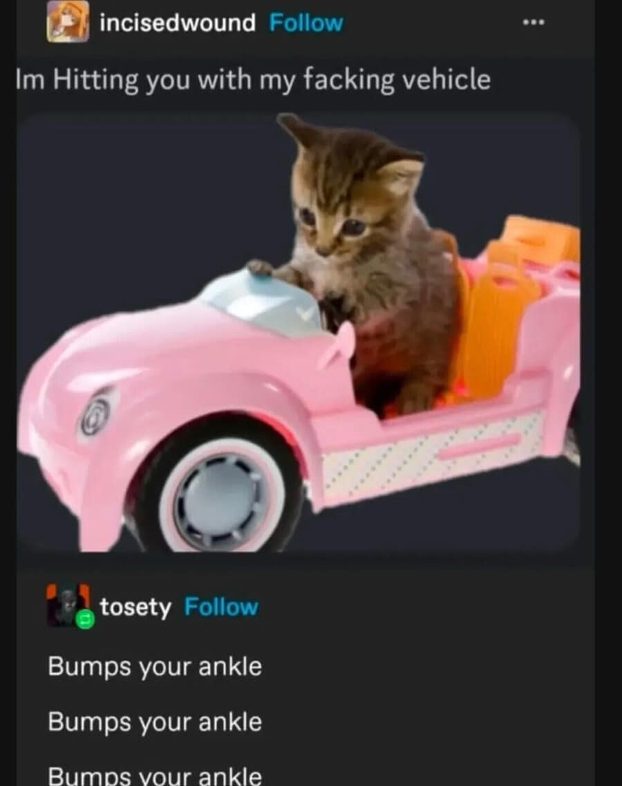 wholesome but chaotic classic meme featuring a tiny tabby kitten sitting inside a pink toy convertible. The caption "Im Hitting you with my facking vehicle" is followed by a series of repetitive Tumblr tags that read "Bumps your ankle".