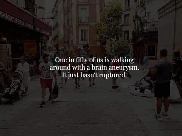 A blurred, dark image of people walking down a city street emphasizes a medical spooky fact stating that one in fifty people is currently walking around with an unruptured brain aneurysm.