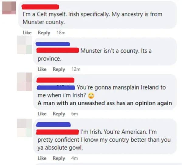 Facebook argument where an American claims Munster is a county and gets corrected by an Irishman.