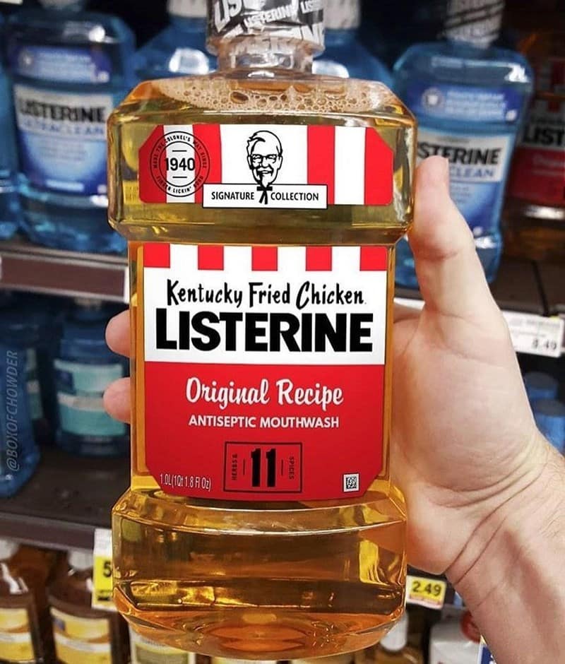 This cursed food product mashup features a bottle of Listerine mouthwash that replaces the minty fresh scent with the savory "Original Recipe" flavor of Kentucky Fried Chicken