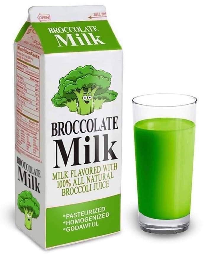 nightmare for dairy lovers, this cursed food product is a carton of "Broccolate Milk," which swaps chocolate for 100% natural, vibrant green broccoli juice.