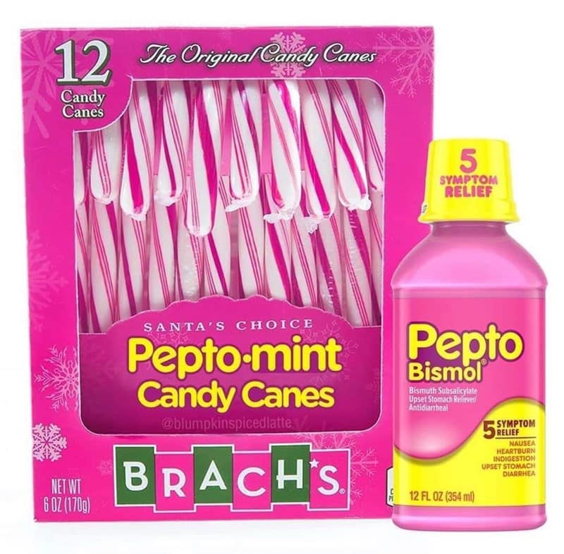 Merging holiday candy with medicine, this mock-up features Brach’s "Pepto-mint" candy canes, sporting the signature opaque pink color of the digestive relief liquid