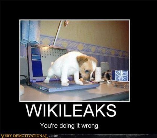 literal-minded demotivational poster titled "WIKILEAKS." The visual features a tiny Jack Russell Terrier puppy standing on an open laptop keyboard and seemingly relieving itself. The punchline below states: "You're doing it wrong."