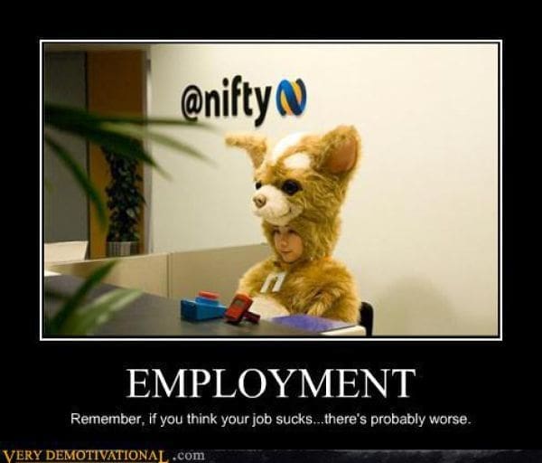 workplace demotivational poster depicting an employee sitting at an office desk while wearing a massive, bug-eyed chihuahua mascot head. The title "EMPLOYMENT" is paired with a bit of perspective: "Remember, if you think your job sucks... there's probably worse."