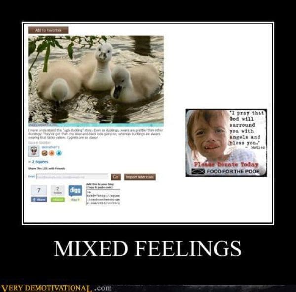 A dark humor demotivational poster titled "MIXED FEELINGS." The visual captures a screenshot of a blog post praising the "chic" look of baby swans (cygnets) placed directly next to a somber charity ad featuring a crying child with the header "Food for the Poor."
