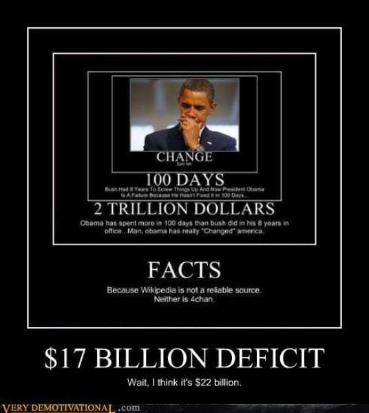 A meta demotivational poster using a "Droste effect" of nested black frames to criticize political spending and the national debt. The titles descend from "Change" to "Facts" to "$17 BILLION DEFICIT," ending with the dry correction: "Wait, I think it's $22 billion."