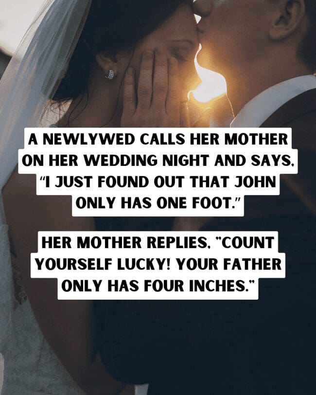 A wedding couple in a soft glow with a punchline about a father's size.