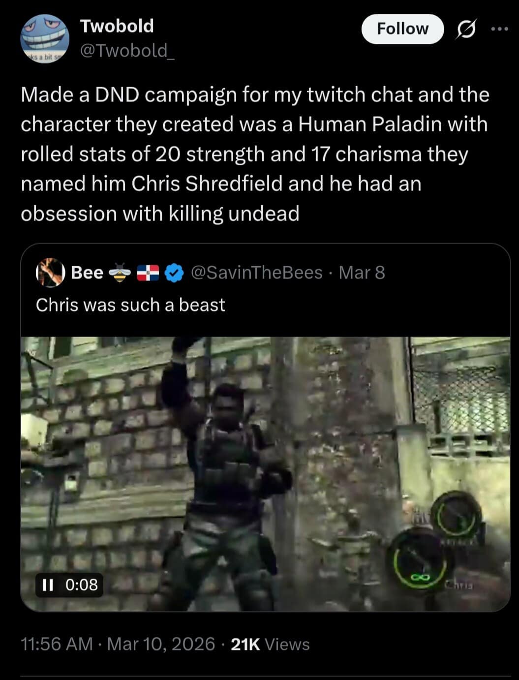 crossover dnd meme tweet describing a Twitch chat's custom Human Paladin named "Chris Shredfield." Boasting a maxed-out 20 Strength and 17 Charisma, the character is an undead-slaying beast, represented by a low-res action shot of Chris Redfield from Resident Evil.
