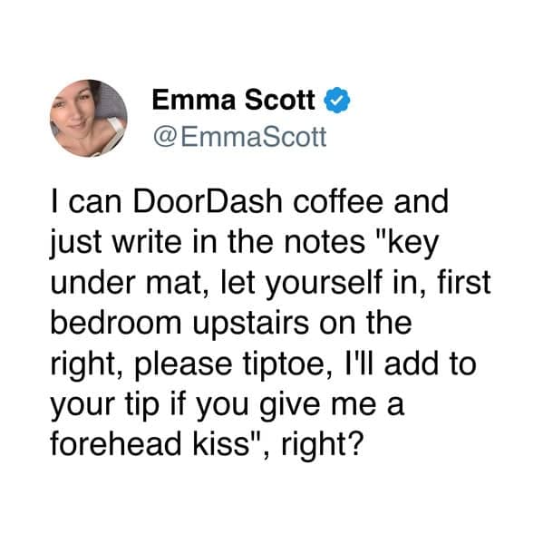 doordash meme tweet exploring the boundaries of delivery instructions, with a user jokingly asking if they can request a driver use a hidden key to deliver coffee directly to their bedroom for an extra tip.