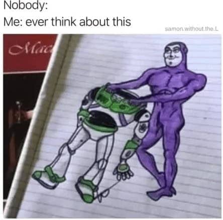 Bizarre notebook doodle showing Buzz Lightyear as a purple muscular man stepping out of his suit.