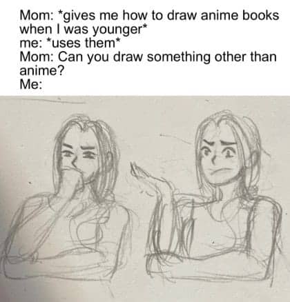 Sketch of an anime-style character looking confused after being asked to draw non-anime art.