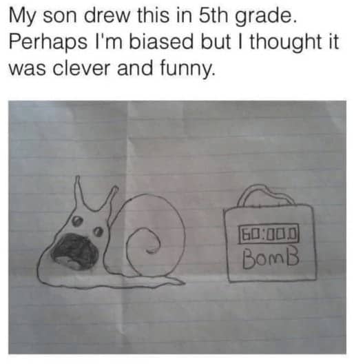 Child's drawing of a snail discovering a bomb with a sixty-minute countdown timer.